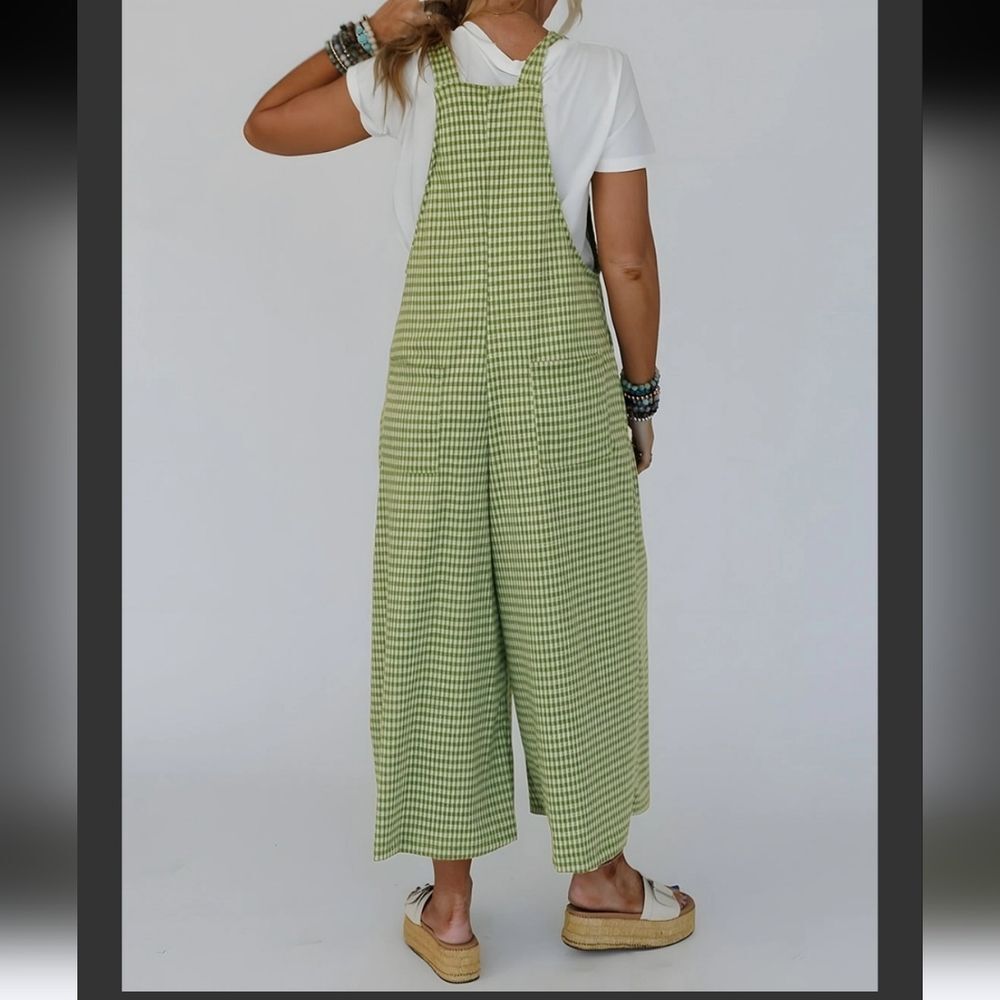 Green white gingham plaid print wide leg tradwife cozy overalls size small - Picture 2 of 7